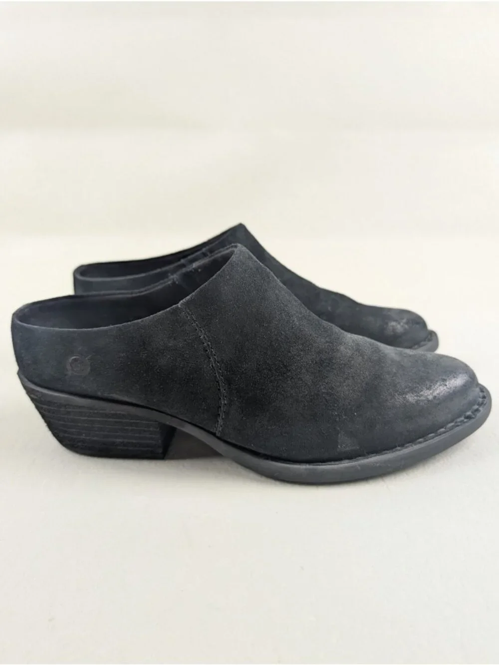 Born Starr Slip On Boot Womens 8.5 Black Suede Distressed Heeled Ankle Mule Clog